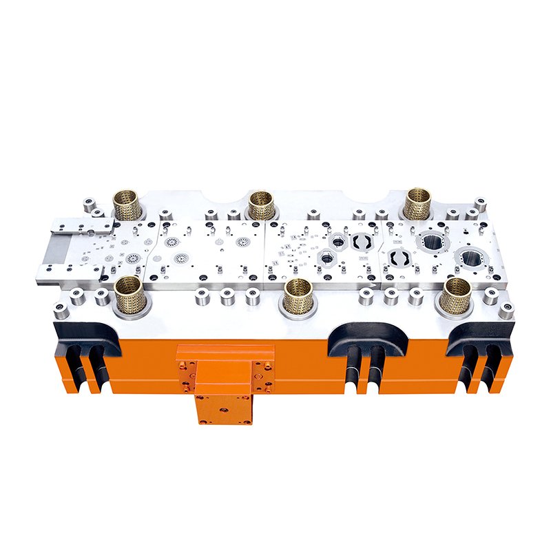 Automated multi-station stamping dies with in-die interlocking and rotary skewing for high-speed, high-volume motor production.